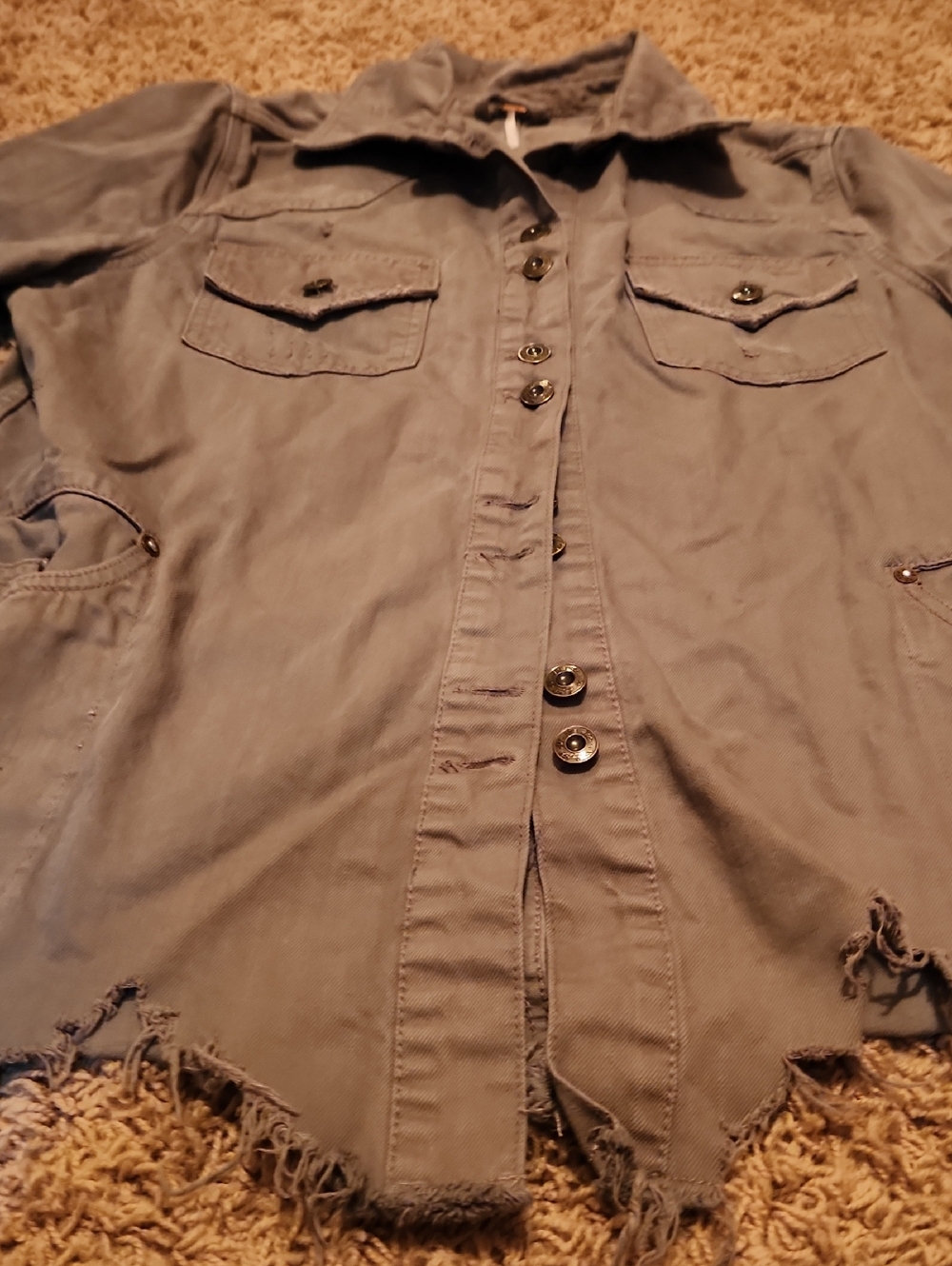 Free People Olive Green Utility Jacket with Distressed Hem Size Small - Picture 4 of 16